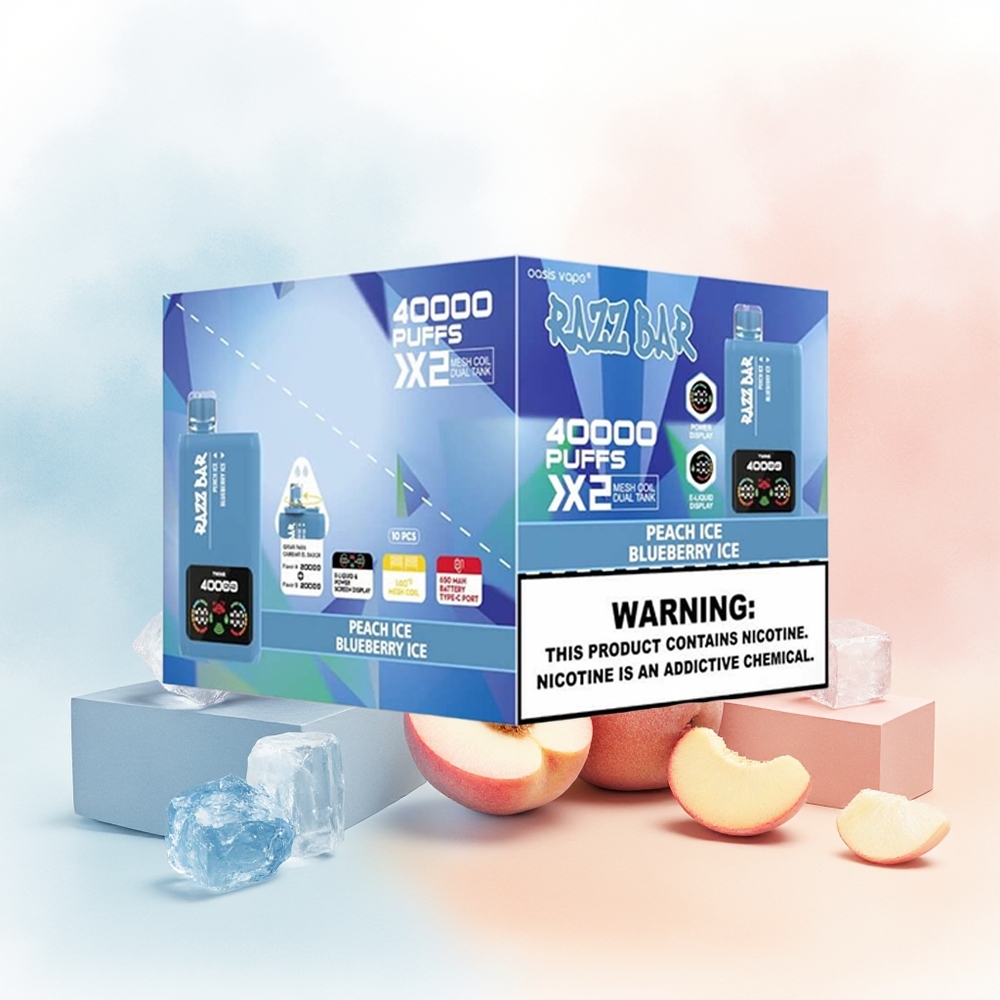 Razz Bar 40000 Puffs 1.0Ohm 2 Mesh Coil 5% Nikotino Turinys Persikas Ledas - Mėlynųjų Uogų Ledas Wholesale Lithuania