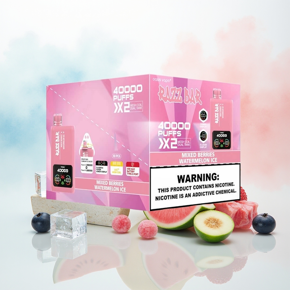 Razz Bar 40000 Puffs Type-C Port 2% Nikotino Turinys Watermelon Ice Mixed Berries Wholesale Lithuania